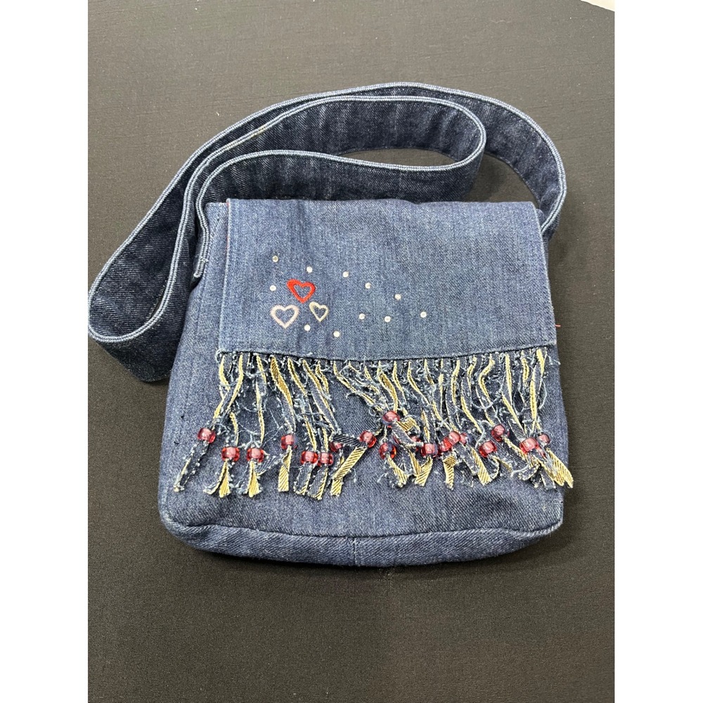 Old Navy Denim Crossbody Bag Heart Embroidery Beaded Fringe Y2K Blue